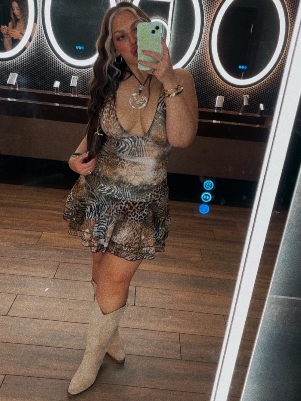 Plunge Neck Animal Print Mini Dress - Brown
